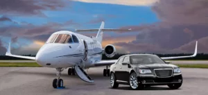 A private jet with a private sedan shows the luxurious ride with ease and comfort.